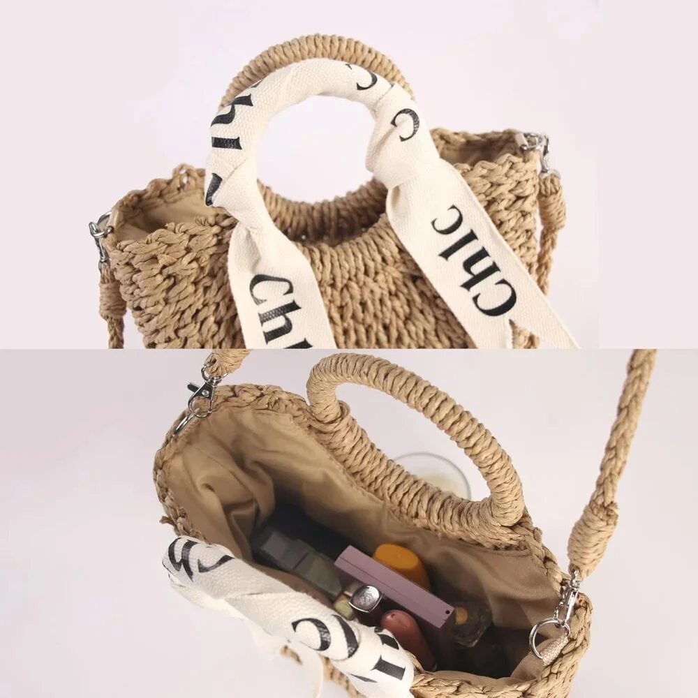 Women's Straw Shoulder Handbag Woven Tote Purse Summer Beach Bag Off White - Picture 6 of 9